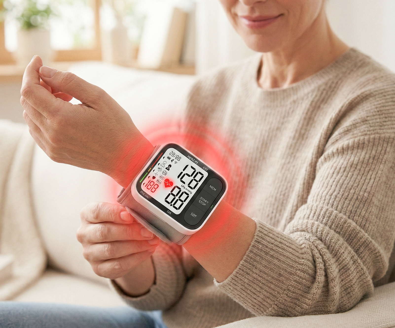 Person wearing blood pressure monitor